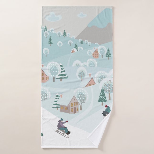 Winter landscape with snow, trees and children on  bath towel (Bath Towel)