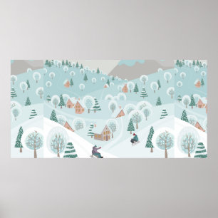 Winter landscape with snow, trees and children on  poster