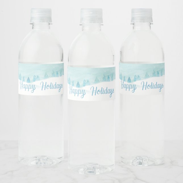 Winter Landscape With Spruce Trees Happy Holidays Water Bottle Label (Bottles)