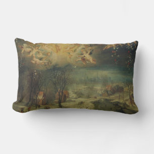 Winter Landscape With Villagers Gathering Wood Lumbar Pillow
