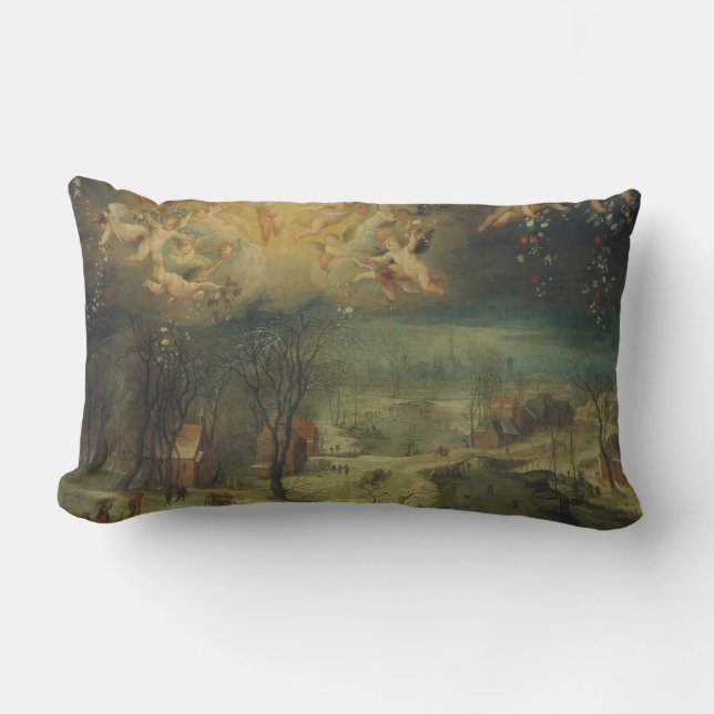 Winter Landscape With Villagers Gathering Wood Lumbar Pillow (Front)