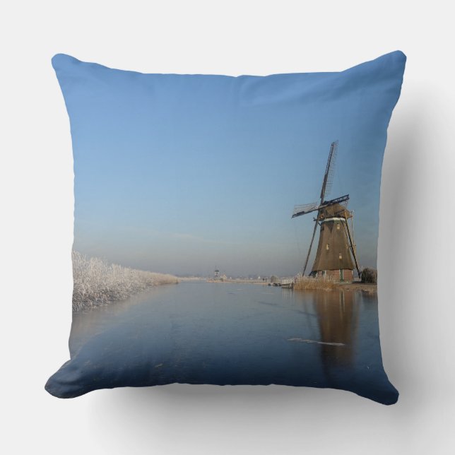 Winter landscape with windmill and ice throw pillow (Front)