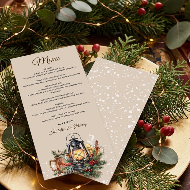 Winter Lantern Cozy Drinks Rehearsal Dinner Menu (Winter Menu with Cozy Lantern, Warm Drinks and Snow Flurry by Darling & May)