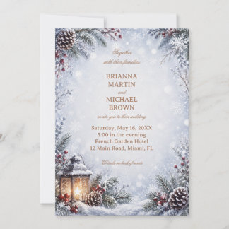 Winter Lantern Pinecone Snowy Romance Invitation
