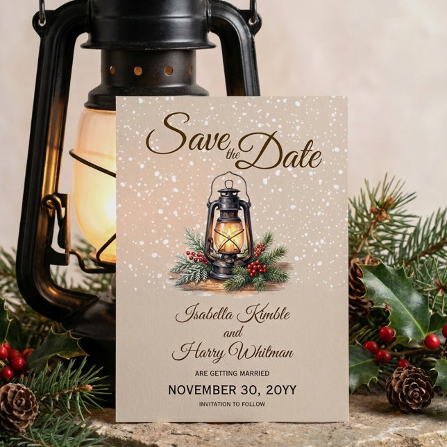 Winter Lantern Rustic Snowy Photo Save The Date (Save the Date with engagement photo, snowy backdrop and warm winter lantern by Darling & May)