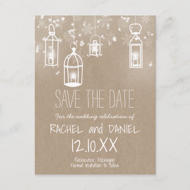 Winter lanterns kraft save the date announcement postcard (Front)