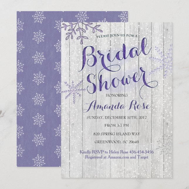 Winter lavender purple bridal shower invitations (Front/Back)