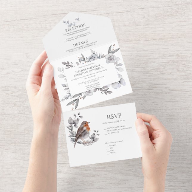 Winter Leaves Pine Cones Birds Berries Stems | All In One Invitation (Tearaway)