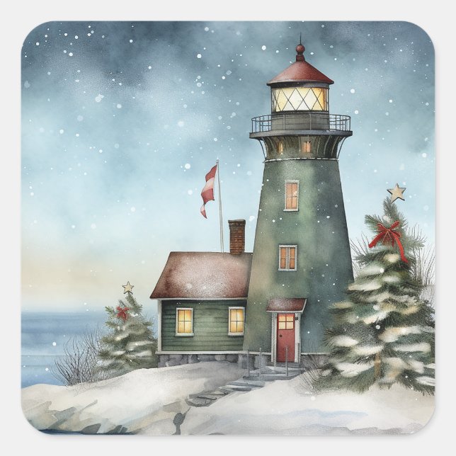 Winter Lighthouse Nautical Beach Christmas Holiday Square Sticker (Front)