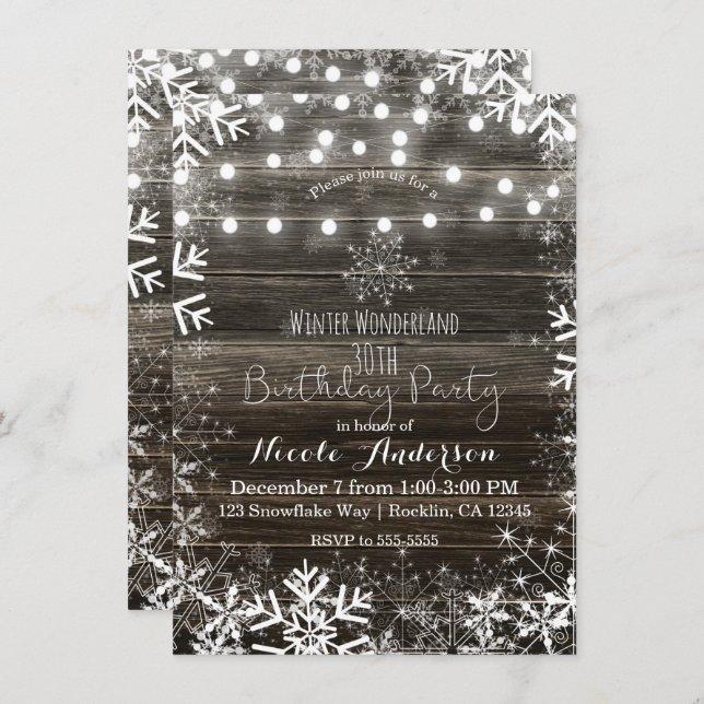 Winter Lights & Snowflakes Rustic Birthday Party Invitation (Front/Back)