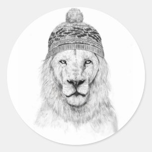 Winter lion (bw) classic round sticker
