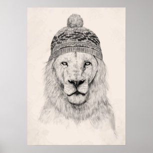 Winter lion (bw) poster