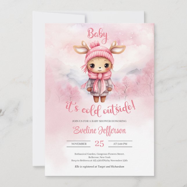 Winter little pink baby reindeer in snow forest invitation (Front)