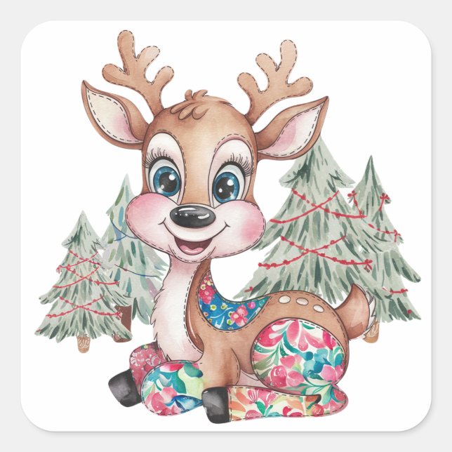 Winter Little Reindeer Sewn Patchwork Baby Shower Square Sticker (Front)