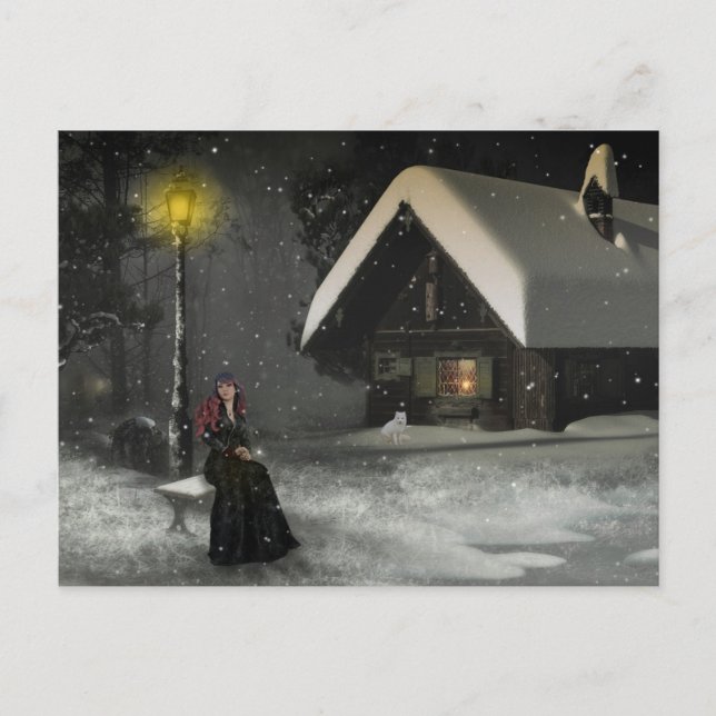 winter log cabin girl POSTCARD (Front)