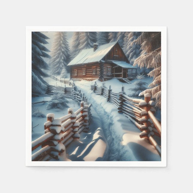 Winter Log Cabin on a Snowy Day Christmas Napkin (Front)