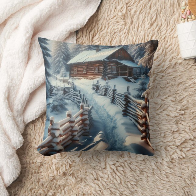Winter Log Cabin on a Snowy Day Christmas Throw Pillow (Blanket)
