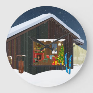 WINTER LOG CABIN SCENE WALL CLOCK