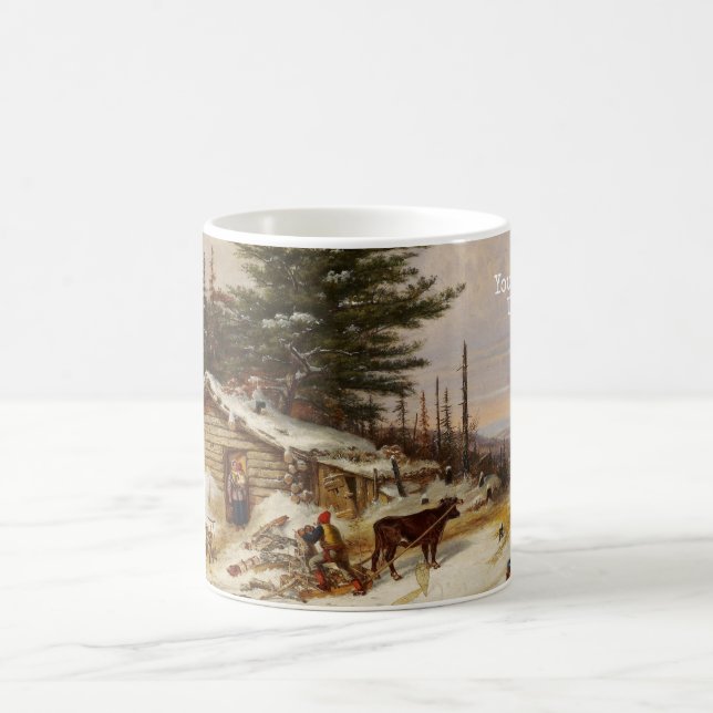 Winter Log House tasse de texte personnalisée (Centre)