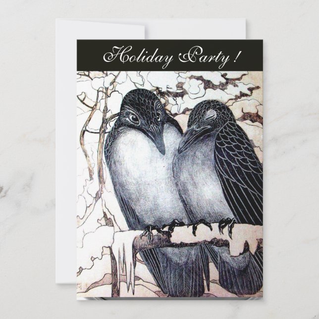 WINTER LOVE BIRDS  BLACK WHITE DAMASK MONOGRAM INVITATION (Front)