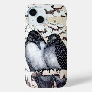 WINTER LOVE BIRDS IN SNOW Black and White Drawing iPhone 15 Case