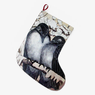 WINTER LOVE BIRDS IN SNOW Black and White Drawing Large Christmas Stocking