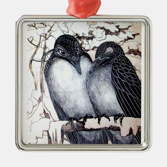 WINTER LOVE BIRDS IN SNOW Black and White Drawing Metal Ornament (Front)