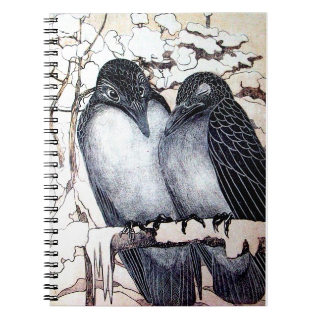 WINTER LOVE BIRDS IN SNOW Black and White Drawing Notebook (Front)