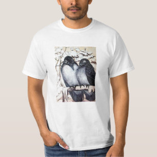 WINTER LOVE BIRDS IN SNOW Black and White Drawing T-Shirt