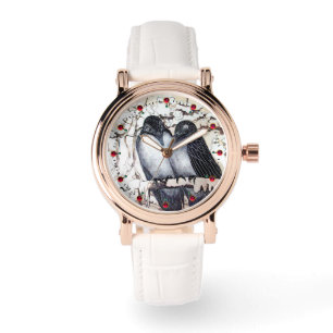 WINTER LOVE BIRDS IN SNOW Black and White Drawing Watch