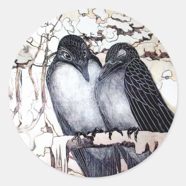 WINTER LOVE BIRDS IN SNOW Black White Classic Round Sticker (Front)