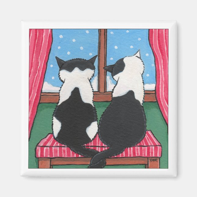 Winter Love Cats Holding Tails | Cat Art Magnet (Front)