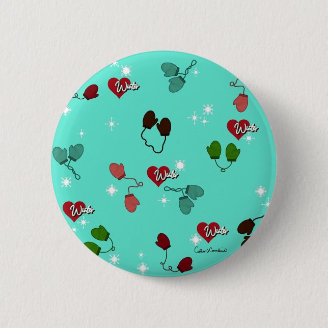 Winter Love Mittens and Snowflake Pattern 2 Inch Round Button (Front)