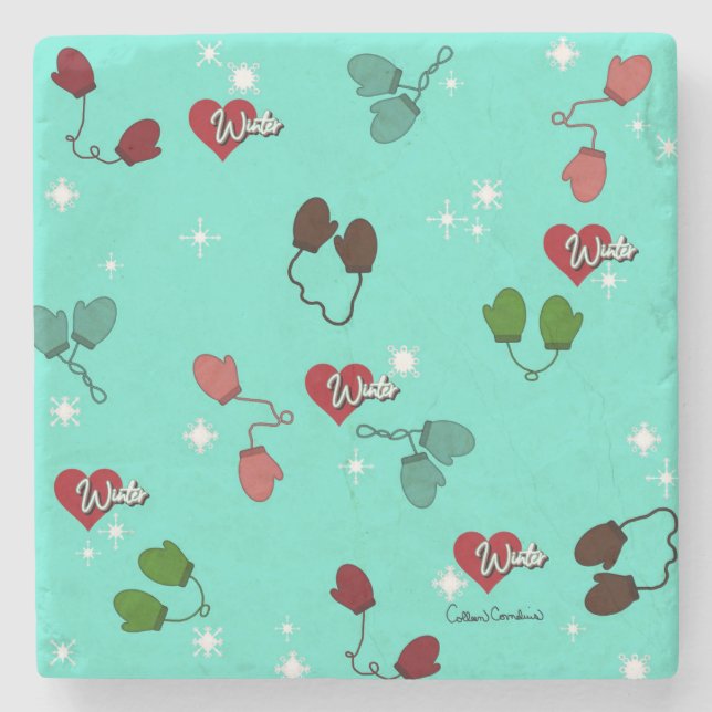 Winter Love Mittens and Snowflake Pattern Stone Coaster (Front)