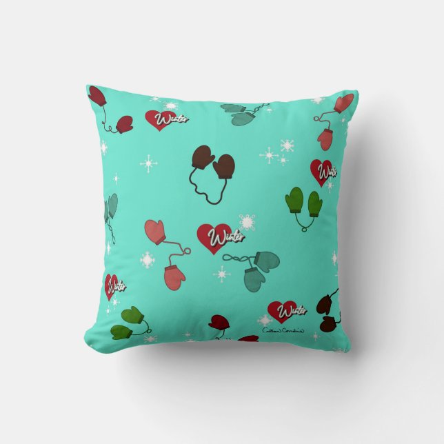Winter Love Mittens and Snowflake Pattern Throw Pillow (Front)