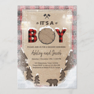 Winter Lumberjack Baby Shower Rustic boy Plaid Invitation