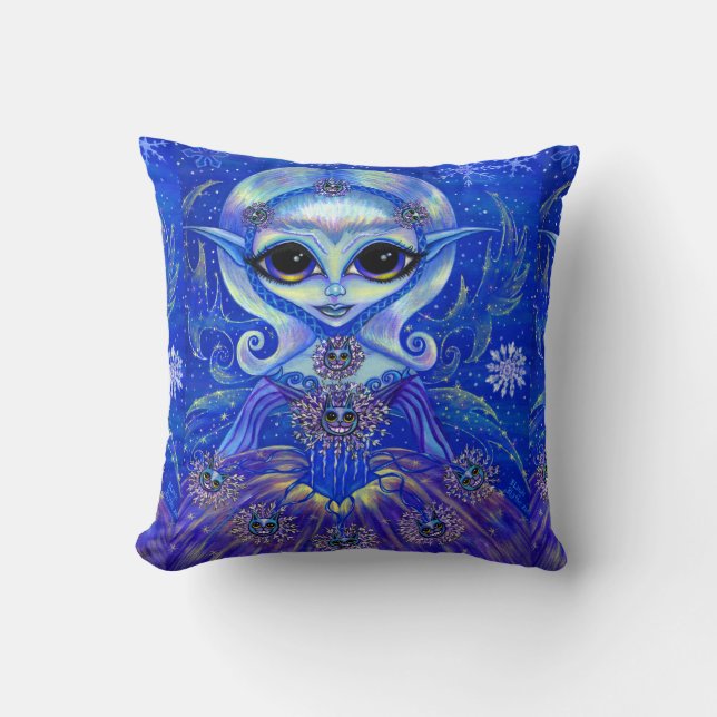 Winter Magic Fairy Doll with Cats & Snowflakes Throw Pillow (Front)