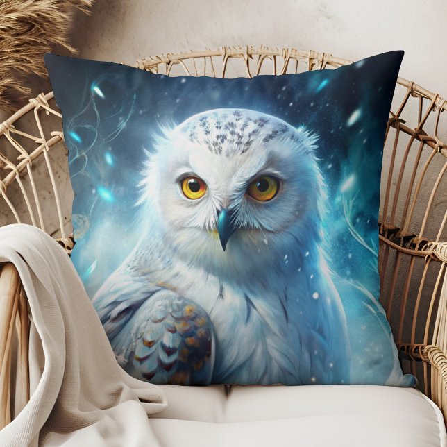 Winter Magic Snowy Owl Mystic Blue Throw Pillow (Winter Magic Snowy Owl Mystic Blue Throw Pillow in a boho rattan armchair.)