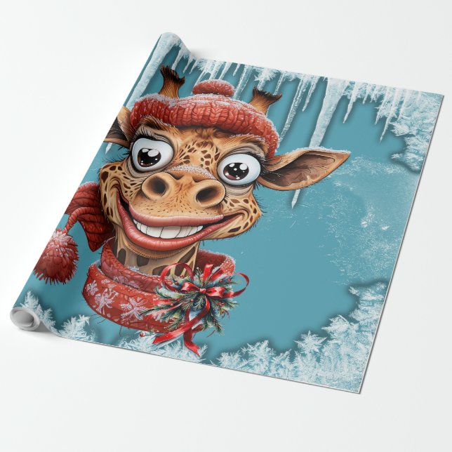 Winter magic with a cute cartoon giraffe wrapping paper (Unrolled)
