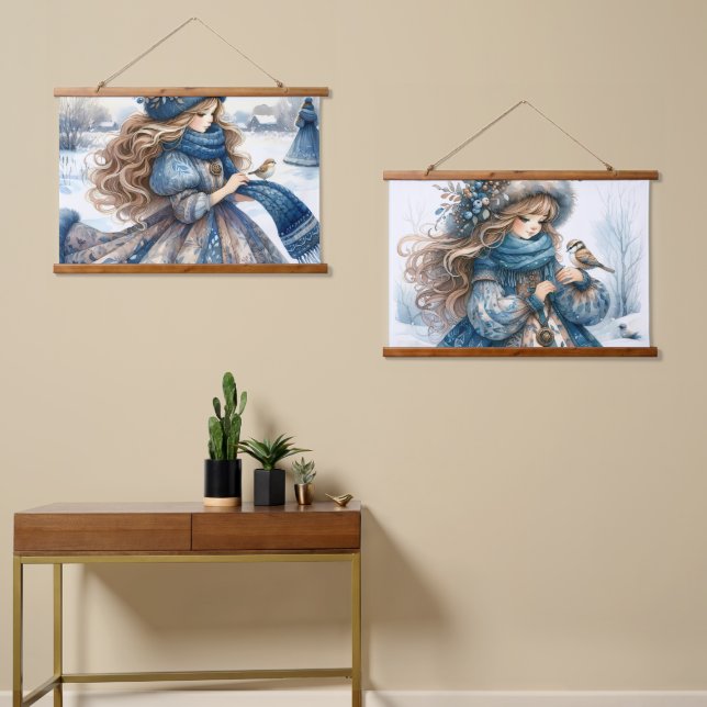 Winter Maiden in Blue Snowy Countryside Hanging Tapestry (Asymmetrical)