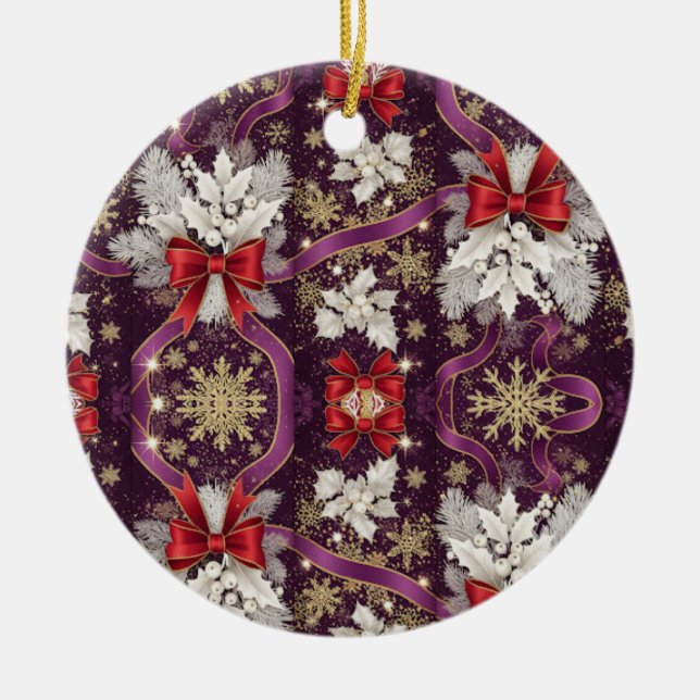 Winter Majesty — Gold Snowflakes & Scarlet Ribbons Ceramic Ornament (Front)