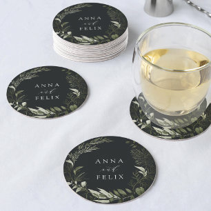 Winter Meadow Green Botanical Personalized Wedding Round Paper Coaster