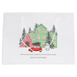 winter Merry Christmas cottage watercolor cute Large Gift Bag