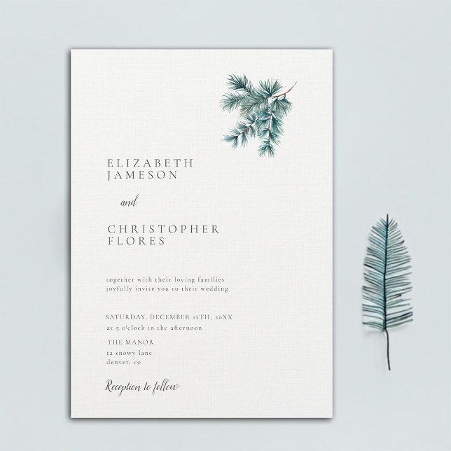 Winter Minimalist Pine Botanical Elegant Wedding Invitation (minimalist winter wedding invitation pine tree branch botanical mountain holidays snow elegant)