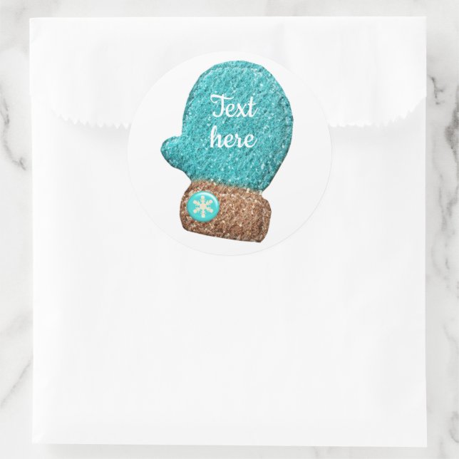 Winter mitten cute snowflake blue brown classic round sticker (Bag)