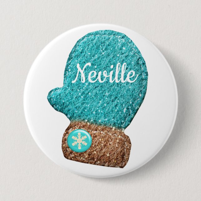 Winter mitten cute snowflake blue brown white 3 inch round button (Front)