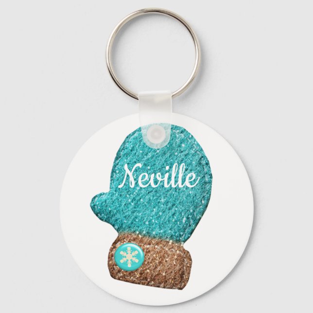 Winter mitten cute snowflake blue brown white keychain (Front)