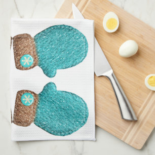 Winter mitten cute snowflake teal blue brown kitchen towel