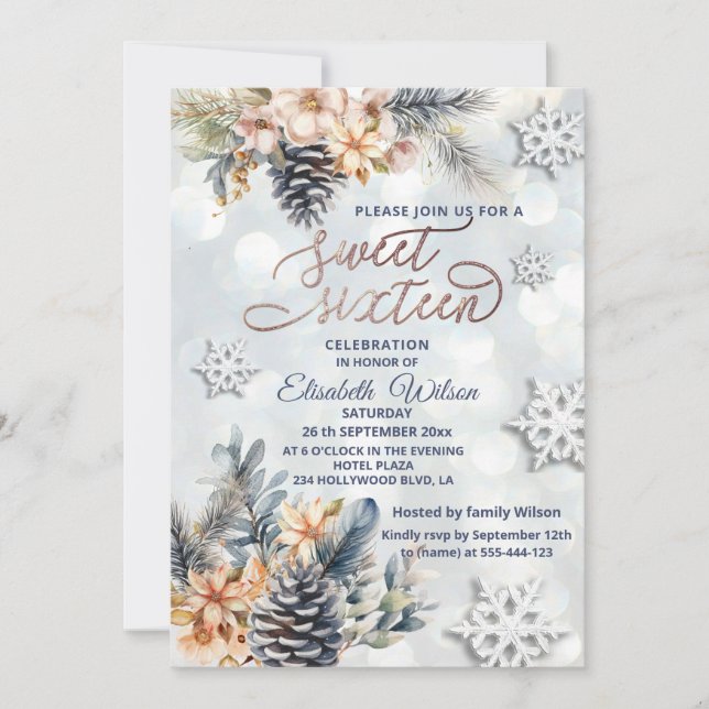 Winter modern bokeh floral watercolor invitation (Front)
