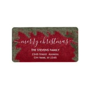 Winter modern pine branch script red Christmas Label